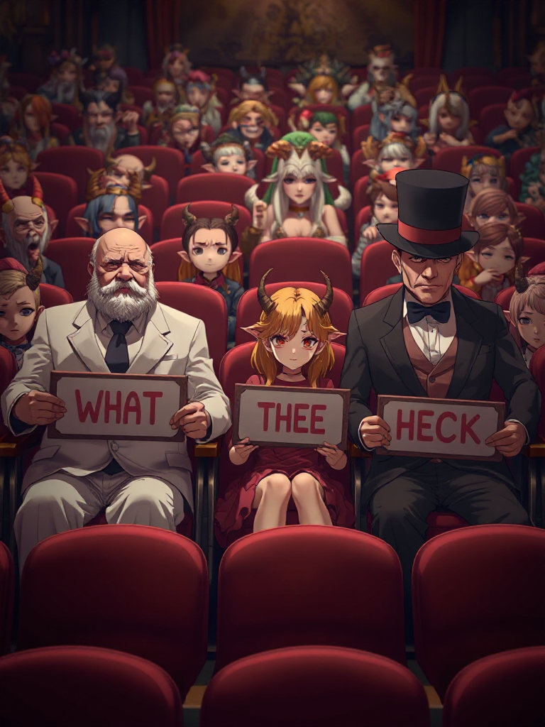 WHAT, THEE, and HECK sitting in the audience of the Soul Auction House