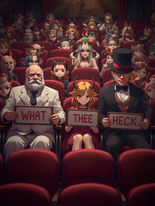 WHAT, THEE, and HECK sitting in the audience of the Soul Auction House