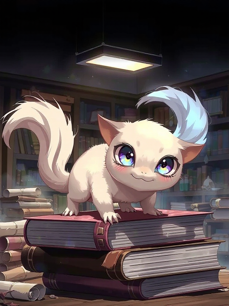 Maizy standing on all fours atop a book in the proscribrary