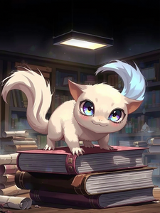 Maizy standing on all fours atop a book in the proscribrary