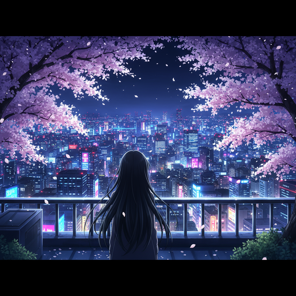 Yume with long hair gazing at Tokyo from rooftop at night