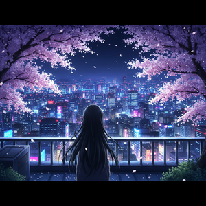 Yume with long hair gazing at Tokyo from rooftop at night