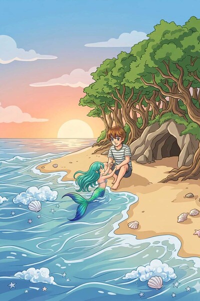 Sight of love human boy and fish girl 