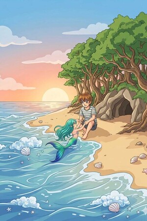 Sight of love human boy and fish girl 