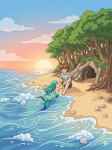 Sight of love human boy and fish girl 