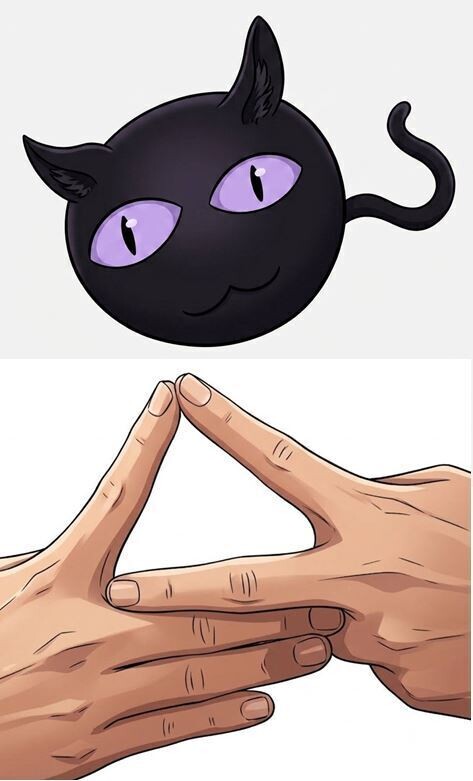 Illustration of Orbis Felis/Orlis (top image) and Tetraktys hand sign (bottom image).