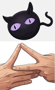 Illustration of Orbis Felis/Orlis (top image) and Tetraktys hand sign (bottom image).